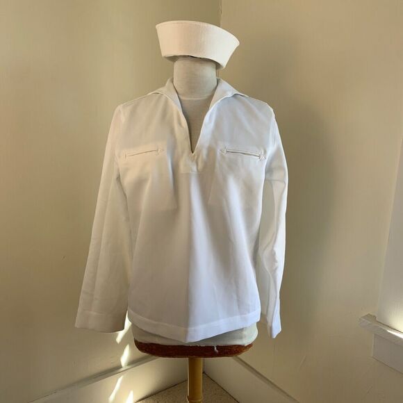Vintage US Navy Crackerjack Men’s White Uniform Jumper Top 40R Military Hat - Picture 1 of 11